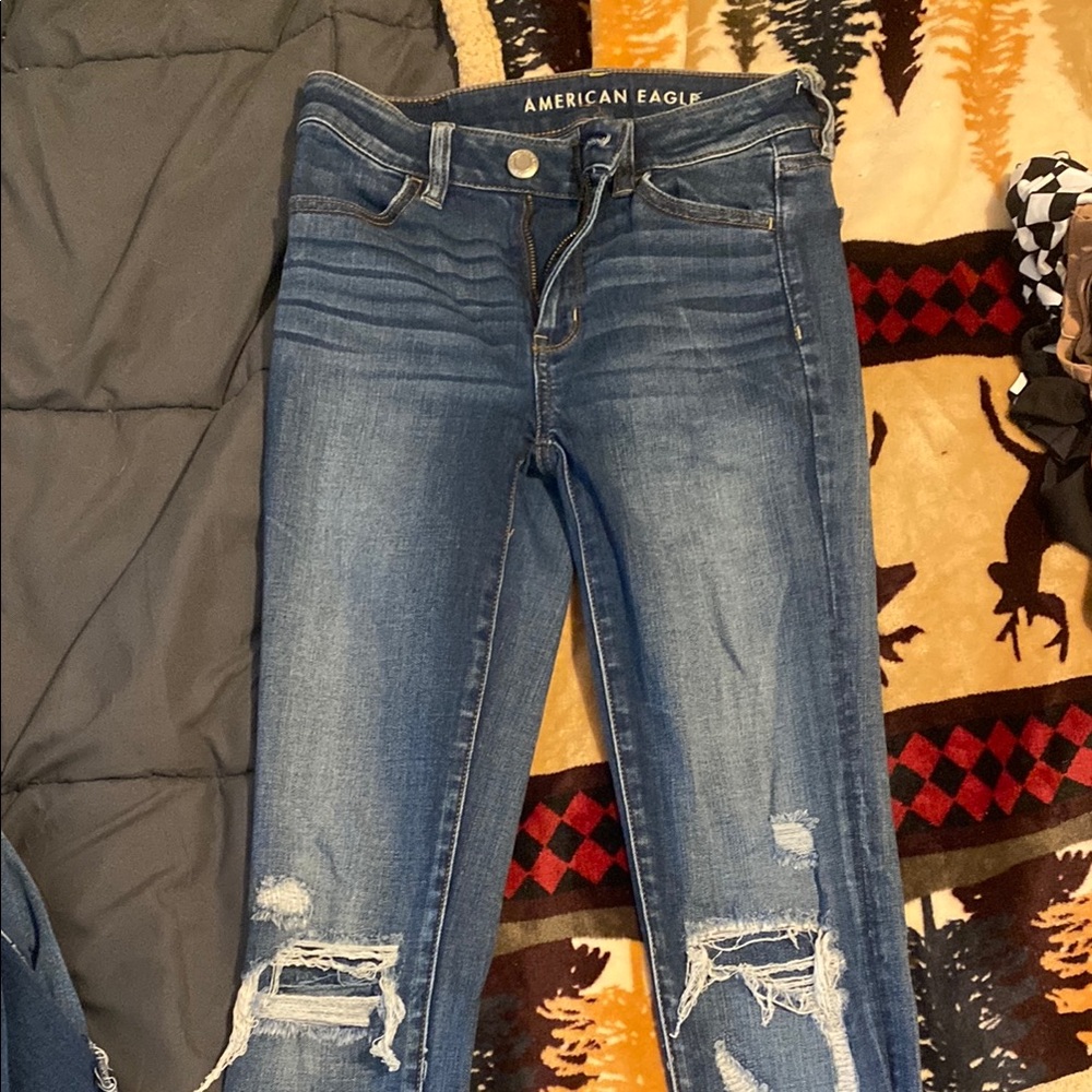 American Eagle Outfitters Blue Skinny Jeans with Distressed Details